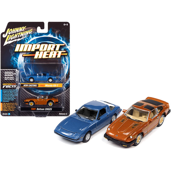 1982 Mazda RX-7 Blue Metallic and 1981 Datsun 280ZX Orange Mist Metallic "Import Heat" Set of 2 Cars 1/64 Diecast Model Cars by Johnny Lightning