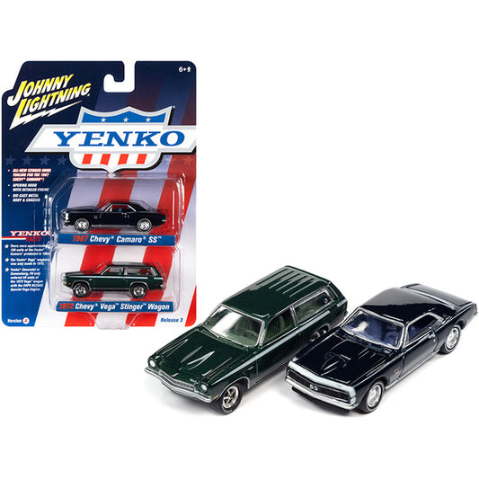 1967 Chevrolet Camaro SS Royal Plum Metallic and 1972 Chevrolet Vega Stinger Wagon Dark Green Metallic "YENKO" Set of 2 Cars 1/64 Diecast Model Cars by Johnny Lightning