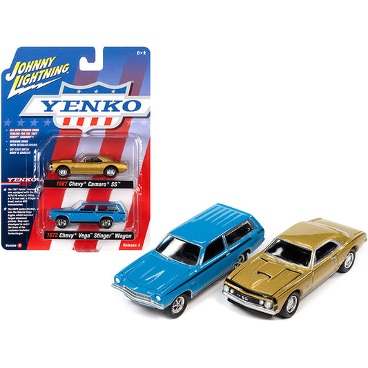 1967 Chevrolet Camaro SS Gold Metallic and 1972 Chevrolet Vega Stinger Wagon Blue "YENKO" Set of 2 Cars 1/64 Diecast Model Cars by Johnny Lightning