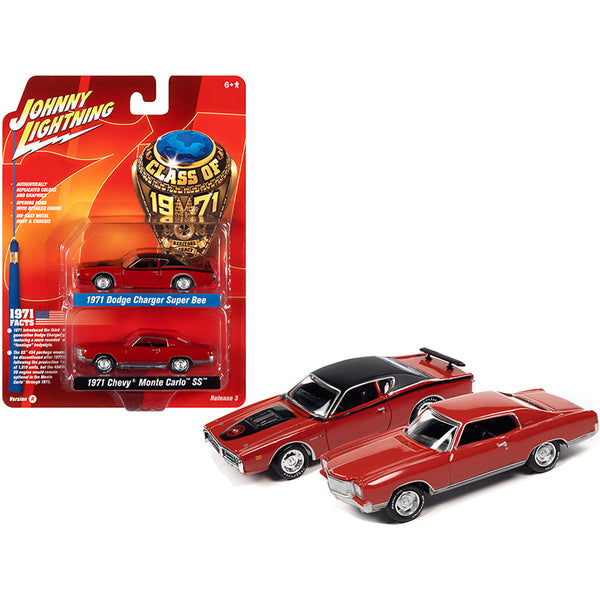 1971 Dodge Charger Super Bee Red with Black Top and 1971 Chevrolet Monte Carlo SS Cranberry Red "Class of 1971" Set of 2 Cars 1/64 Diecast Model Cars by Johnny Lightning