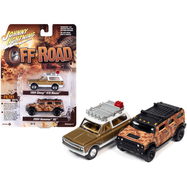 1969 Chevrolet K10 Blazer Gold Metallic and 2004 Hummer H2 Brown Camouflage "Off Road" Set of 2 Cars 1/64 Diecast Model Cars by Johnny Lightning