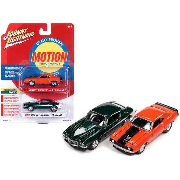 1969 Chevrolet Camaro ZLX Phase III Hugger Orange with Black Stripes and 1973 Chevrolet Camaro Phase III Dark Green Metallic and White "Baldwin Motion" Set of 2 Cars 1/64 Diecast Model Cars by Johnny Lightning