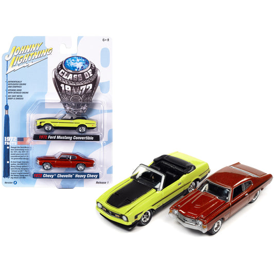 1972 Ford Mustang Convertible Bright Lime Green with Black Hood and Stripes and 1972 Chevrolet Chevelle SS Heavy Chevy Orange Flame Metallic with Black Stripes "Class of 1972" Set of 2 Cars 1/64 Diecast Model Cars by Johnny Lightning