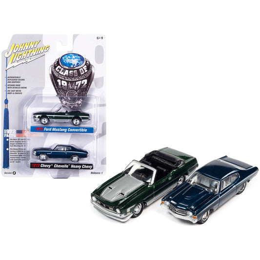 1972 Ford Mustang Convertible Dark Green Metallic with Silver Hood and Stripes and 1972 Chevrolet Chevelle SS Heavy Chevy Fathom Blue Metallic with White Stripes "Class of 1972" Set of 2 Cars 1/64 Diecast Model Cars by Johnny Lightning