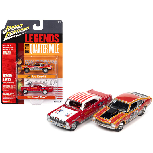 1970 Ford Maverick Red Orange and Black "Dyno" Don Nicholson and 1966 Chevrolet Nova Red and White Bill "Grumpy" Jenkins "Legends of the Quarter Mile" Series Set of 2 Cars 1/64 Diecast Model Cars by Johnny Lightning