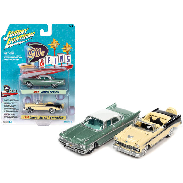 1959 Desoto Fireflite Surf Green Metallic with White Top and 1956 Chevrolet Bel Air Convertible Crocus Yellow and Black "'50s & Fins" Series Set of 2 Cars 1/64 Diecast Model Cars by Johnny Lightning