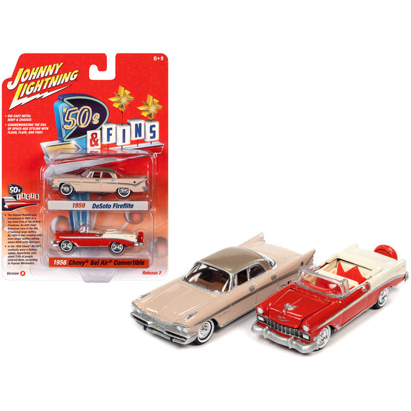 1959 Desoto Fireflite Spring Rose Pink with Golden Tan Top and 1956 Chevrolet Bel Air Convertible Matador Red and White "'50s & Fins" Series Set of 2 Cars 1/64 Diecast Model Cars by Johnny Lightning