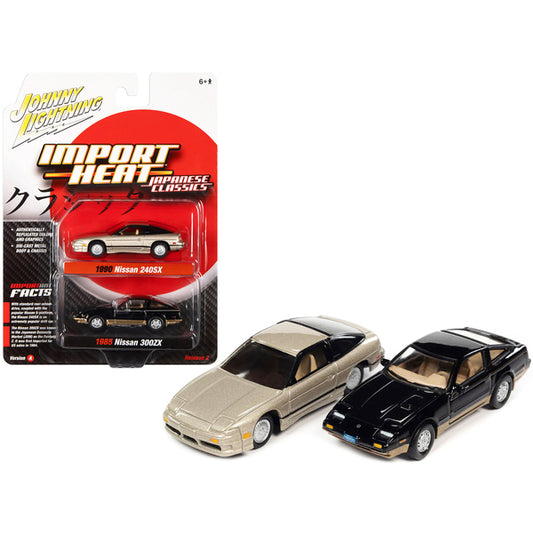 1985 Nissan 300ZX Thunder Black Body with Gold Trim and 1990 Nissan 240SX Champagne Gold Pearl with Black Stripes "Import Heat" Series Set of 2 Cars 1/64 Diecast Model Cars by Johnny Lightning