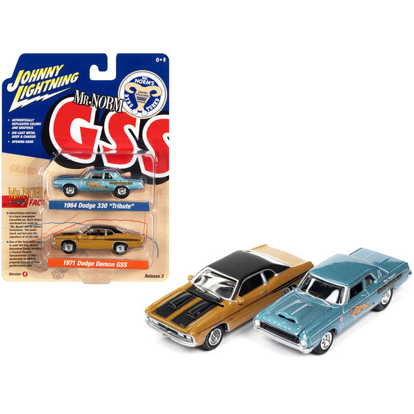 1964 Dodge 330 "Mr. Norm - Grand Spaulding Dodge" Blue Metallic and 1971 Dodge Demon GSS Butterscotch Orange with Black Top and Stripes "Mr. Norm GSS" Series Set of 2 Cars 1/64 Diecast Model Cars by Johnny Lightning