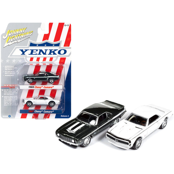 1969 Chevrolet Camaro Fathom Green Metallic with White Stripes and 1967 Chevrolet Camaro White with Black Nose Stripe "Yenko" Series Set of 2 Cars 1/64 Diecast Model Cars by Johnny Lightning