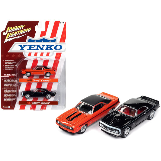 1969 Chevrolet Camaro Hugger Orange with Black Top and Stripes and 1967 Chevrolet Camaro Black with White Stripe and Red Interior "Yenko" Series Set of 2 Cars 1/64 Diecast Model Cars by Johnny Lightning