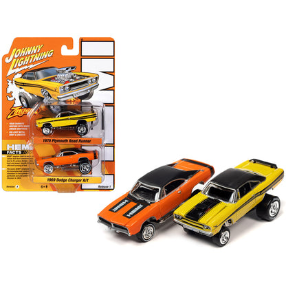 1970 Plymouth Road Runner Yellow with Black Gator Top and Black Stripes and 1969 Dodge Charger R/T HEMI Orange with Black Top and Tail Stripe "Zingers!" Set of 2 Cars "2-Packs" 2023 Release 1 1/64 Diecast Model Cars by Johnny Lightning