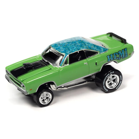 1970 Plymouth Road Runner HEMI Green with Blue Flower Top and Black Stripe and 1969 Dodge Charger R/T Silver Metallic with Graphics "Dick Landy" "Zingers!" Set of 2 Cars "2-Packs" 2023 Release 1 1/64 Diecast Model Cars by Johnny Lightning