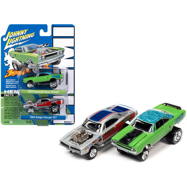 1970 Plymouth Road Runner HEMI Green with Blue Flower Top and Black Stripe and 1969 Dodge Charger R/T Silver Metallic with Graphics "Dick Landy" "Zingers!" Set of 2 Cars "2-Packs" 2023 Release 1 1/64 Diecast Model Cars by Johnny Lightning