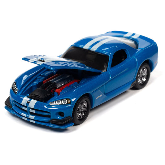 2014 Dodge Challenger R/T White with Blue Stripes and Graphics and 2008 Dodge Viper SRT10 Blue Metallic with White Stripes "MOPAR" Set of 2 Cars "2-Packs" 2023 Release 1 1/64 Diecast Model Cars by Johnny Lightning