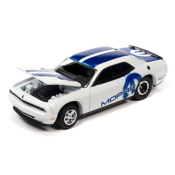 2014 Dodge Challenger R/T White with Blue Stripes and Graphics and 2008 Dodge Viper SRT10 Blue Metallic with White Stripes "MOPAR" Set of 2 Cars "2-Packs" 2023 Release 1 1/64 Diecast Model Cars by Johnny Lightning