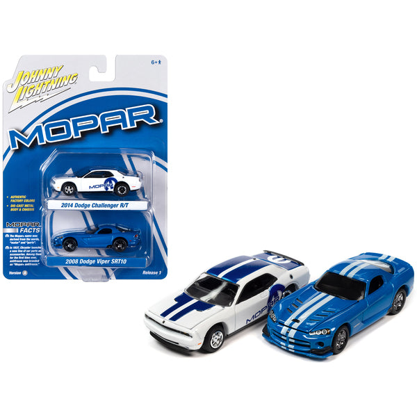 2014 Dodge Challenger R/T White with Blue Stripes and Graphics and 2008 Dodge Viper SRT10 Blue Metallic with White Stripes "MOPAR" Set of 2 Cars "2-Packs" 2023 Release 1 1/64 Diecast Model Cars by Johnny Lightning