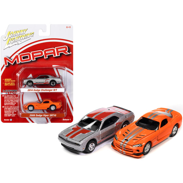 2014 Dodge Challenger R/T "Hellephant" Silver Metallic with Red Stripes and Graphics and 2008 Dodge Viper SRT10 Orange with Silver Stripes "MOPAR" Set of 2 Cars "2-Packs" 2023 Release 1 1/64 Diecast Model Cars by Johnny Lightning