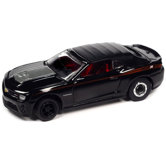 1969 Chevrolet Camaro SS Red with Black Stripes and 2013 Chevrolet Camaro ZL1 Convertible Black with Red Stripes and Interior "Nickey Chicago" Set of 2 Cars "2-Packs" 2023 Release 1 1/64 Diecast Model Cars by Johnny Lightning