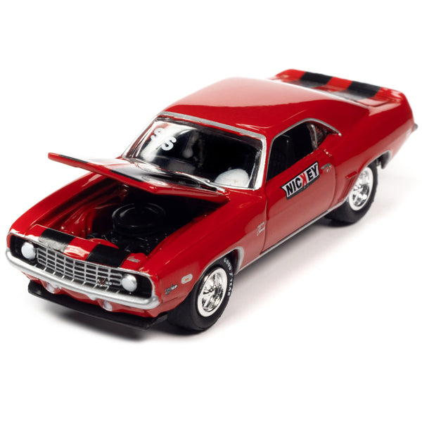 1969 Chevrolet Camaro SS Red with Black Stripes and 2013 Chevrolet Camaro ZL1 Convertible Black with Red Stripes and Interior "Nickey Chicago" Set of 2 Cars "2-Packs" 2023 Release 1 1/64 Diecast Model Cars by Johnny Lightning