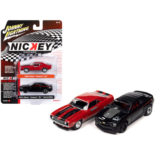 1969 Chevrolet Camaro SS Red with Black Stripes and 2013 Chevrolet Camaro ZL1 Convertible Black with Red Stripes and Interior "Nickey Chicago" Set of 2 Cars "2-Packs" 2023 Release 1 1/64 Diecast Model Cars by Johnny Lightning