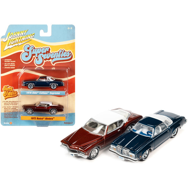 1976 Oldsmobile Cutlass Supreme Dark Blue Metallic with White Top & Interior & 1972 Buick Riviera Burnish Bronze Metallic with White Top & Interior "Super Seventies" Set of 2 Cars "2-Packs" 2023 Release 2 1/64 Diecast Model Cars by Johnny Lightning