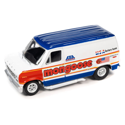 1965 Volkswagen Type 2 Transporter Van White w/ Red Top "Schwinn" & 1976 Ford Econoline Van White with Red & Blue Graphics "Mongoose USA Factory Team" "BMX Freestyle" Set of 2 Cars "2-Packs" 2023 Release 2 1/64 Diecast Model Cars by Johnny Lightning