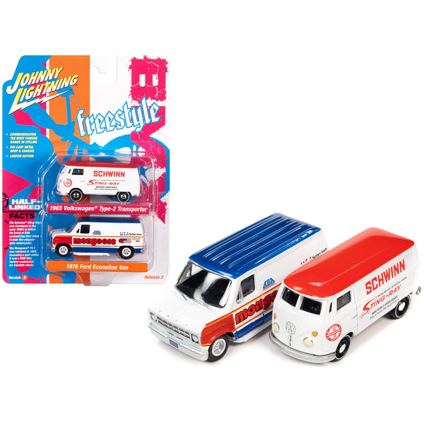 1965 Volkswagen Type 2 Transporter Van White w/ Red Top "Schwinn" & 1976 Ford Econoline Van White with Red & Blue Graphics "Mongoose USA Factory Team" "BMX Freestyle" Set of 2 Cars "2-Packs" 2023 Release 2 1/64 Diecast Model Cars by Johnny Lightning