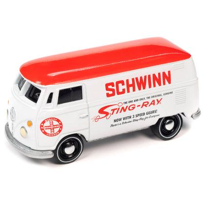 1965 Volkswagen Type 2 Transporter Van White w/ Red Top "Schwinn" & 1976 Ford Econoline Van White with Red & Blue Graphics "Mongoose USA Factory Team" "BMX Freestyle" Set of 2 Cars "2-Packs" 2023 Release 2 1/64 Diecast Model Cars by Johnny Lightning