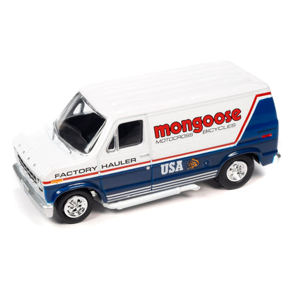 1965 Volkswagen Type 2 Transporter Van Black and Red "Schwinn" and 1976 Ford Econoline Van White and Blue "Mongoose USA Factory Team" "BMX Freestyle" Set of 2 Cars "2-Packs" 2023 Release 2 1/64 Diecast Model Cars by Johnny Lightning