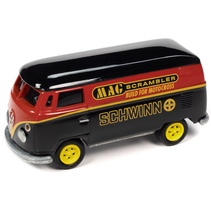 1965 Volkswagen Type 2 Transporter Van Black and Red "Schwinn" and 1976 Ford Econoline Van White and Blue "Mongoose USA Factory Team" "BMX Freestyle" Set of 2 Cars "2-Packs" 2023 Release 2 1/64 Diecast Model Cars by Johnny Lightning