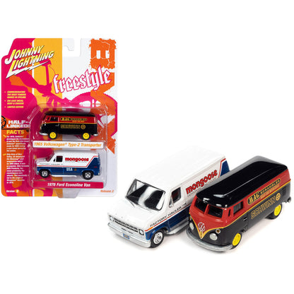 1965 Volkswagen Type 2 Transporter Van Black and Red "Schwinn" and 1976 Ford Econoline Van White and Blue "Mongoose USA Factory Team" "BMX Freestyle" Set of 2 Cars "2-Packs" 2023 Release 2 1/64 Diecast Model Cars by Johnny Lightning