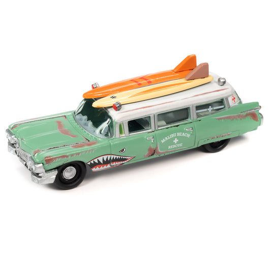 1950 Mercury Woody Wagon Matt Black w/ Wood Panels "Nomad Surf Shop" & 1959 Cadillac Ambulance Teal w/ Surf Shark Graphics & White Top Rusted "Malibu Beach Rescue" "Surf Rods" Set 2 Cars 2-Packs 2023 Release 2 1/64 Diecast Models by Johnny Lightning