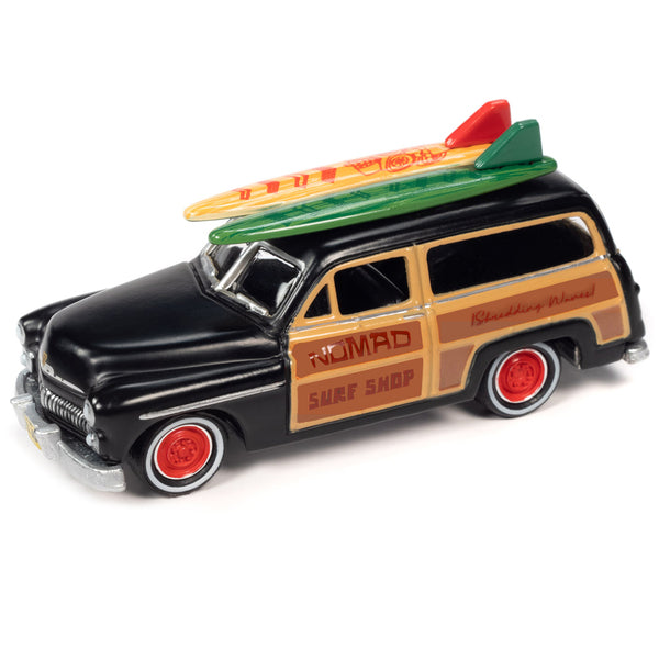 1950 Mercury Woody Wagon Matt Black w/ Wood Panels "Nomad Surf Shop" & 1959 Cadillac Ambulance Teal w/ Surf Shark Graphics & White Top Rusted "Malibu Beach Rescue" "Surf Rods" Set 2 Cars 2-Packs 2023 Release 2 1/64 Diecast Models by Johnny Lightning