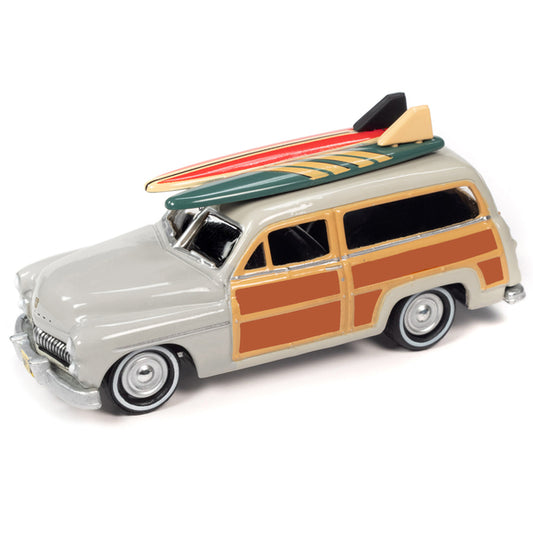 1950 Mercury Woody Wagon Dakota Gray with Wood Panels & Surfboards on Roof & 1959 Cadillac Ambulance Dull Red w/ Surfboards on Roof Cocoa Beach Rescue Patrol Surf Rods "Set of 2" Cars 2-Packs 2023 Release 2 1/64 Diecast Model Cars by Johnny Lightning