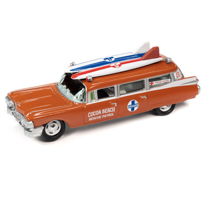 1950 Mercury Woody Wagon Dakota Gray with Wood Panels & Surfboards on Roof & 1959 Cadillac Ambulance Dull Red w/ Surfboards on Roof Cocoa Beach Rescue Patrol Surf Rods "Set of 2" Cars 2-Packs 2023 Release 2 1/64 Diecast Model Cars by Johnny Lightning