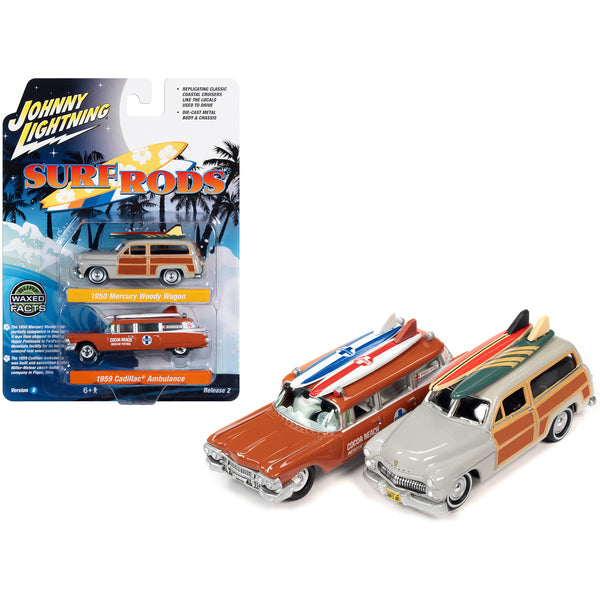 1950 Mercury Woody Wagon Dakota Gray with Wood Panels & Surfboards on Roof & 1959 Cadillac Ambulance Dull Red w/ Surfboards on Roof Cocoa Beach Rescue Patrol Surf Rods "Set of 2" Cars 2-Packs 2023 Release 2 1/64 Diecast Model Cars by Johnny Lightning