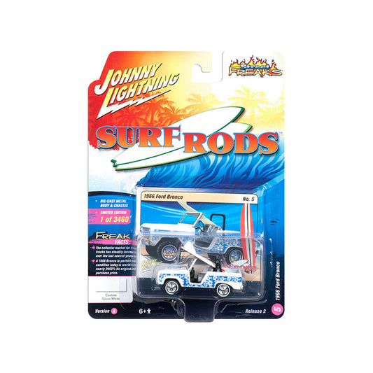 1966 Ford Bronco with Surf Board White and Blue Designs "Street Freaks" Limited Edition to 3460 pieces Worldwide 1/64 Diecast Model Car by Johnny Lightning