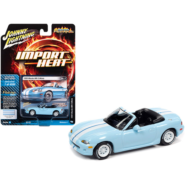 1999 Mazda MX-5 Miata Convertible Light Blue with White Stripes "Import Heat" Limited Edition to 4588 pieces Worldwide 1/64 Diecast Model Car by Johnny Lightning