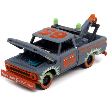 1965 Chevrolet Tow Truck #65 Derby Smoke Gray with Graphics "Demolition Derby" "Street Freaks" Series Limited Edition to 15196 pieces Worldwide 1/64 Diecast Model Car by Johnny Lightning