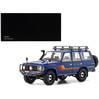 Toyota Land Cruiser 60 RHD (Right Hand Drive) Blue with Stripes and Roof Rack with Accessories 1/18 Diecast Model Car by Kyosho