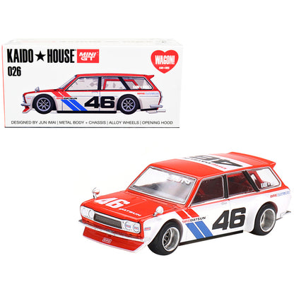 Datsun 510 Wagon RHD (Right Hand Drive) #46 "BRE V1" Red and White with Blue Stripes (Designed by Jun Imai) "Kaido House" Special 1/64 Diecast Model Car by True Scale Miniatures