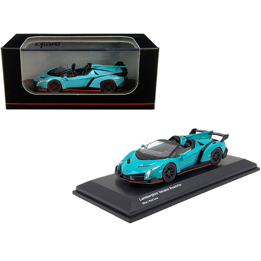 Lamborghini Veneno Roadster Light Blue with Red Line 1/64 Diecast Model Car by Kyosho