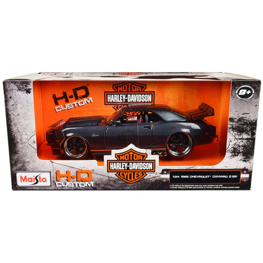 1968 Chevrolet Camaro Z/28 Dark Gray Metallic with Black and Orange Stripes "Harley Davidson" "H-D Custom" 1/24 Diecast Model Car by Maisto