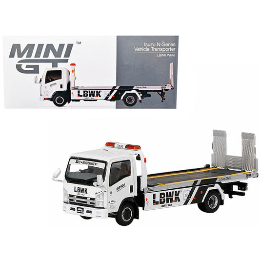 Isuzu N-Series Vehicle Flatbed Transporter RHD (Right Hand Drive) LBWK White LBWK Black 1/64 Diecast Model by True Scale Miniatures