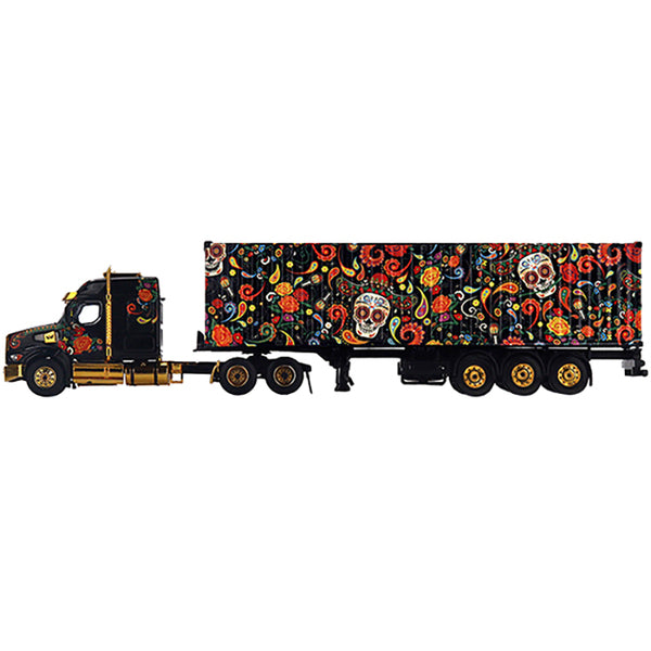 Western Star 49X with 40 Ft Container "Dia de los Muertos" (Day of the Dead) Black with Graphics 1/64 Diecast Model by True Scale Miniatures