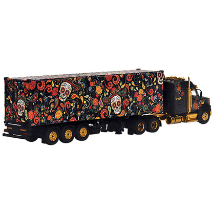 Western Star 49X with 40 Ft Container "Dia de los Muertos" (Day of the Dead) Black with Graphics 1/64 Diecast Model by True Scale Miniatures