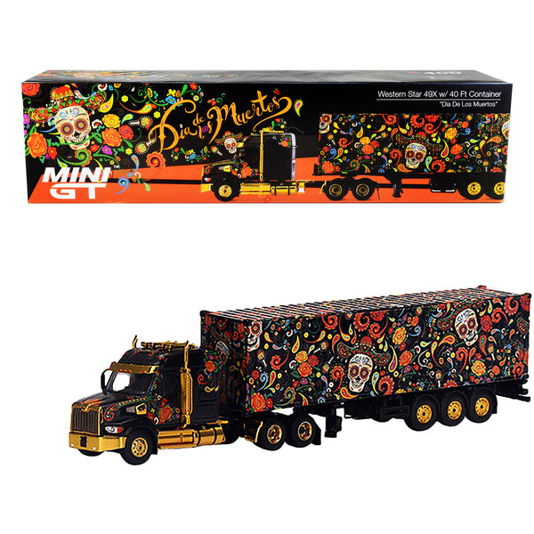 Western Star 49X with 40 Ft Container "Dia de los Muertos" (Day of the Dead) Black with Graphics 1/64 Diecast Model by True Scale Miniatures