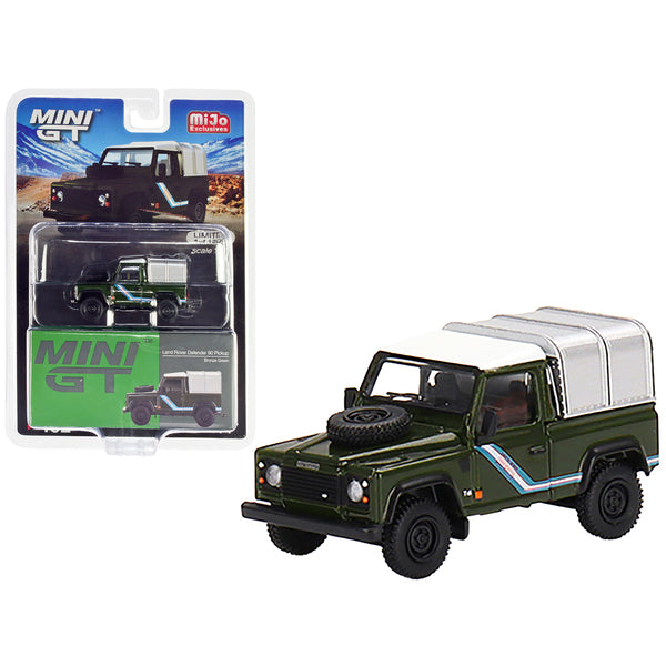 Land Rover Defender 90 Pickup Truck Bronze Green with White Top and Silver Camper Shell Limited Edition to 1200 pieces Worldwide 1/64 Diecast Model Car by True Scale Miniatures