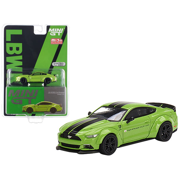 Ford Mustang LB-WORKS Grabber Lime Green with Black Stripes "Imagine All The People Living Life In Peace" Limited Edition to 3000 pieces Worldwide 1/64 Diecast Model Car by True Scale Miniatures